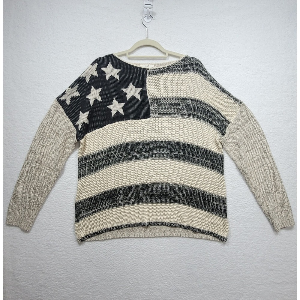 American Flag Knit Sweater Crew Neck Cream & Black Easel Los Angeles